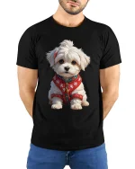 Cute Winter Puppy Cozy Sweater Dog Cartoon Graphic T-Shirt - model wearing black tee with hands behind back