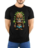 Tiki Warrior Tropical Mask Island Spirit Graphic T-Shirt - model wearing black tee with hands behind back
