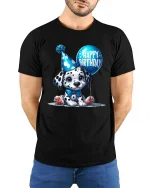 Cute Dalmatian Happy Birthday Party Balloon Graphic T-Shirt - model wearing black tee with hands behind back