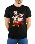 Cute Dalmatian Puppies Red Wagon Fun Adventure Graphic Tee - model wearing black tee with hands behind back