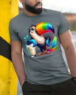 Colorful Toucan Drink Funny Tropical Bird Cartoon T-Shirt - model wearing grey tee, leaning on column