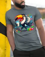 Colorful Toucan Candy Splash Fun Art Graphic Tee - model wearing grey tee, leaning on column