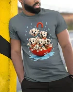 Cute Dalmatian Puppies Rainy Day Umbrella Graphic Tee - model wearing grey tee, leaning on column