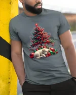 Christmas Tree Puppy Sleep Scene Cute Holiday Graphic Tee - model wearing grey tee, leaning on column