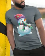 Cute Holiday Snowman with Hat and Scarf Festive Christmas Tee - model wearing grey tee, leaning on column