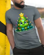 Cute Kawaii Christmas Tree Lights Smiling Holiday Art Tee - model wearing grey tee, leaning on column