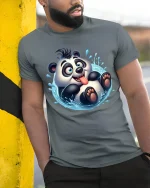 Cute Splashing Panda Funny Playful Cartoon Graphic T-Shirt - model wearing grey tee, leaning on column