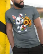Cute Bunny With Sunflower Bouquet Sweet Cartoon Graphic T-Shirt - model wearing grey tee, leaning on column