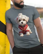 Cute Winter Puppy Cozy Sweater Dog Cartoon Graphic T-Shirt - model wearing grey tee, leaning on column