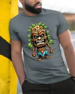 Tiki Warrior Tropical Mask Island Spirit Graphic T-Shirt - model wearing grey tee, leaning on column