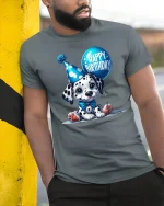 Cute Dalmatian Happy Birthday Party Balloon Graphic T-Shirt - model wearing grey tee, leaning on column