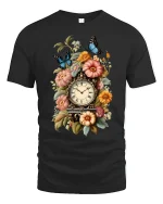 Vintage Floral Clock Butterfly Art Tee with Elegant Style - black t-shirt on white background
