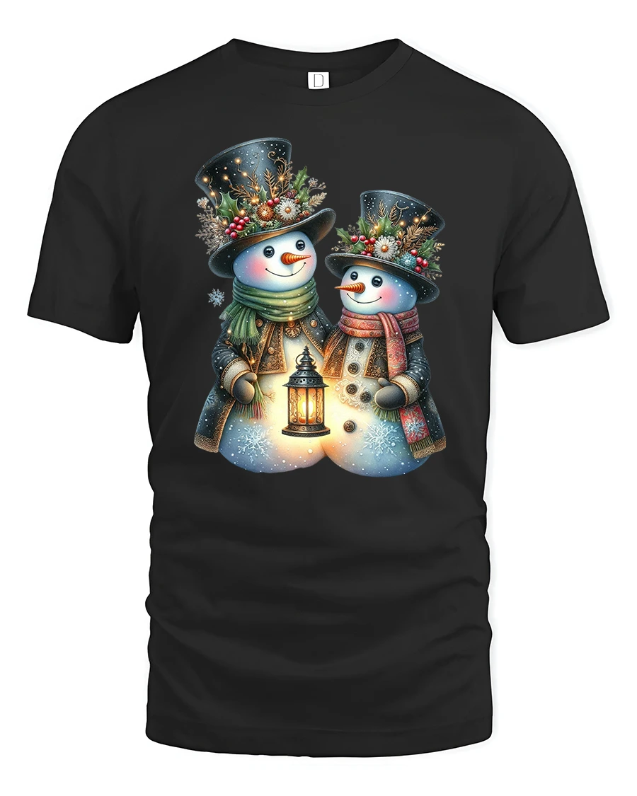 Charming Snowman Couple Tee with Cozy Winter Lantern Artwork - 1 Charming Snowman Couple Tee with Cozy Winter Lantern Artwork - black t-shirt on white background