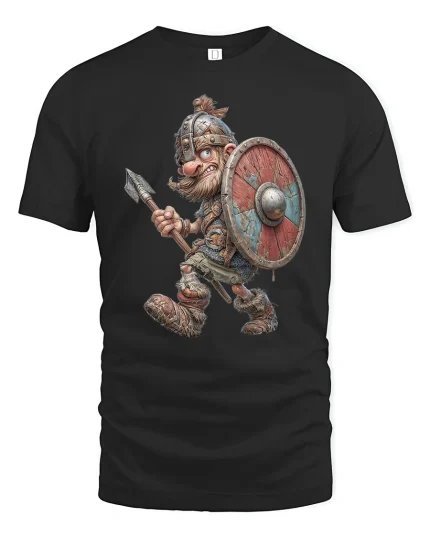 Fearless Viking Warrior Tee with Epic Cartoon Battle Style - black t-shirt on white background