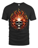Flaming Skull Tee with Fiery Bold Art and Intense Graphic Style - black t-shirt on white background
