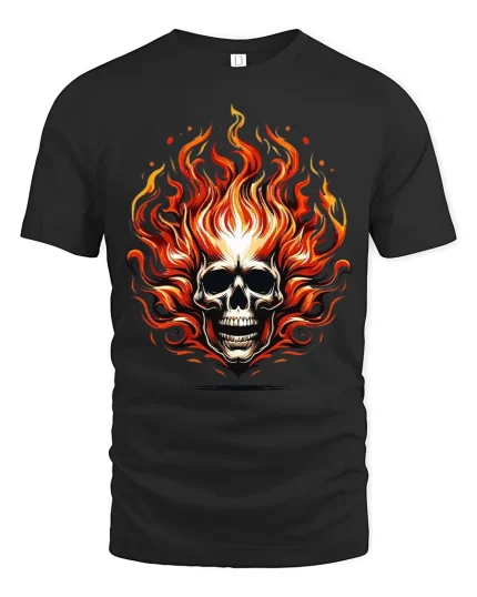 Flaming Skull Tee with Fiery Bold Art and Intense Graphic Style - black t-shirt on white background