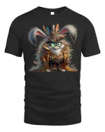 Steampunk Bunny Adventurer Tee with Fantasy Gear Artwork - black t-shirt on white background