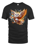Magical Flying Owl Fantasy Art Tee with Colorful Enchanted Style - black t-shirt on white background