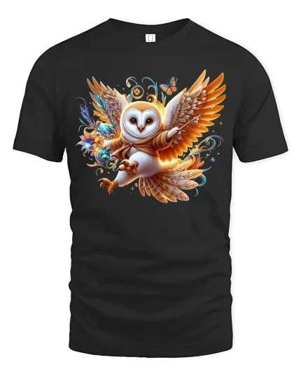 Magical Flying Owl Fantasy Art Tee with Colorful Enchanted Style - black t-shirt on white background