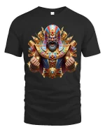 Epic Pharaoh Warrior Tee with Vibrant Egyptian Battle Art - black t-shirt on white background