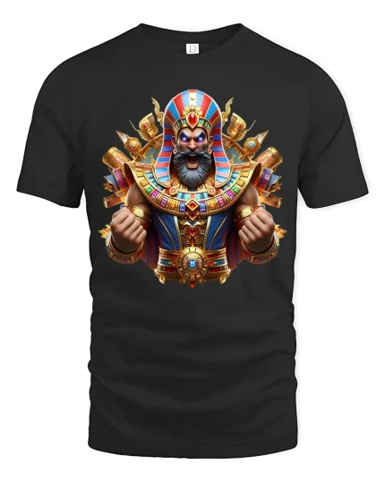 Epic Pharaoh Warrior Tee with Vibrant Egyptian Battle Art - black t-shirt on white background