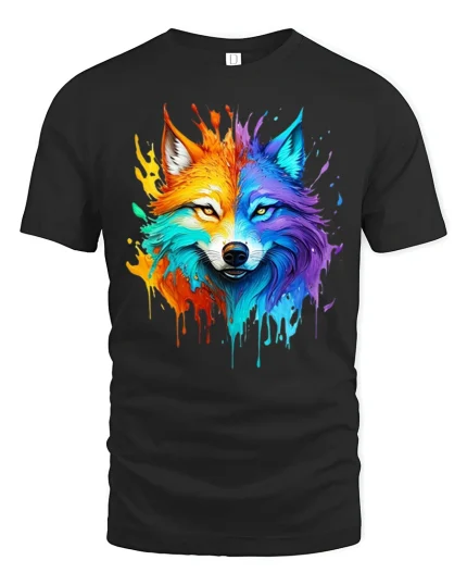 Vibrant Rainbow Wolf Tee with Bold Artistic Splash Design - black t-shirt on white background