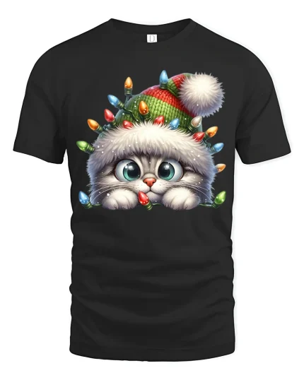 Cute Christmas Cat Tee with Lights and Festive Holiday Hat - black t-shirt on white background