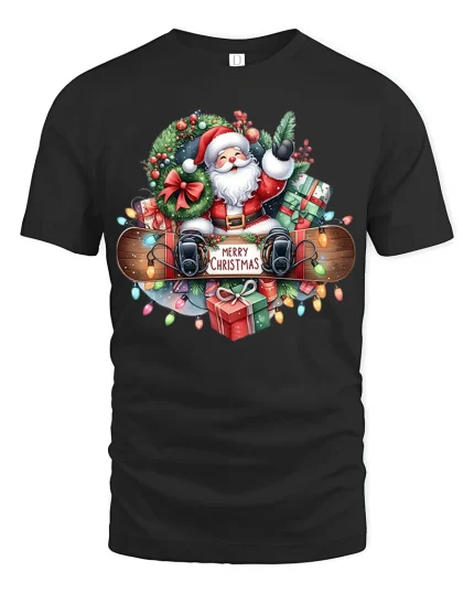 Santa Merry Christmas Tee with Gifts and Festive Lights Design - black t-shirt on white background