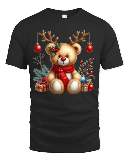 Cute Reindeer Teddy Bear Christmas Tee with Gifts and Ornaments - black t-shirt on white background