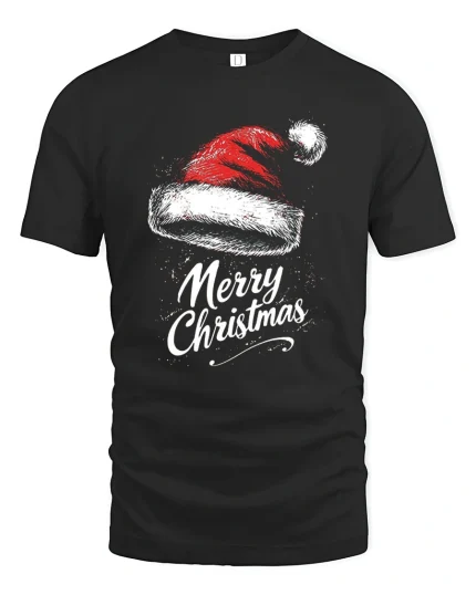 Vintage Santa Hat Merry Christmas Tee with Festive Lettering - black t-shirt on white background