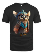 Majestic Tribal Owl Tee with Colorful Fantasy Art Design - black t-shirt on white background