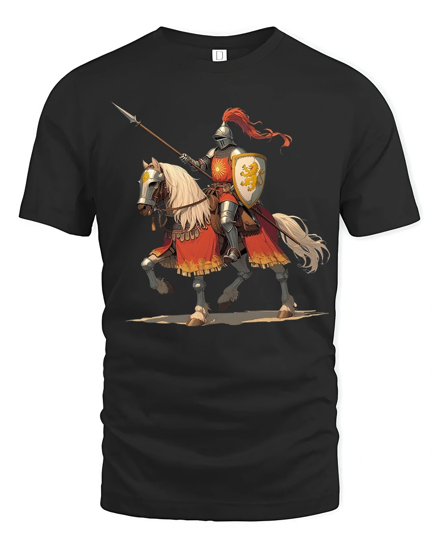 Gallant Knight on Horseback Tee with Bold Medieval Warrior Art - 1 Gallant Knight on Horseback Tee with Bold Medieval Warrior Art - black t-shirt on white background