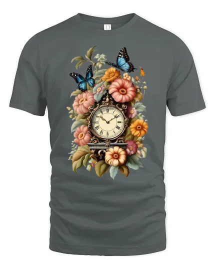 Vintage Floral Clock Butterfly Art Tee with Elegant Style - gray t-shirt on white background