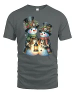 Charming Snowman Couple Tee with Cozy Winter Lantern Artwork - gray t-shirt on white background