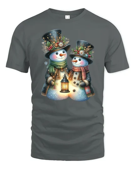 Charming Snowman Couple Tee with Cozy Winter Lantern Artwork - gray t-shirt on white background