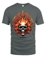Flaming Skull Tee with Fiery Bold Art and Intense Graphic Style - gray t-shirt on white background