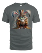 Steampunk Bunny Adventurer Tee with Fantasy Gear Artwork - gray t-shirt on white background