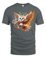 Magical Flying Owl Fantasy Art Tee with Colorful Enchanted Style - gray t-shirt on white background