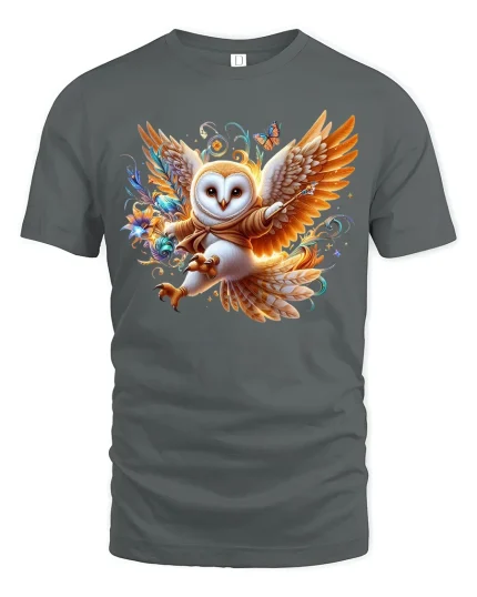 Magical Flying Owl Fantasy Art Tee with Colorful Enchanted Style - gray t-shirt on white background