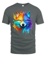 Vibrant Rainbow Wolf Tee with Bold Artistic Splash Design - gray t-shirt on white background