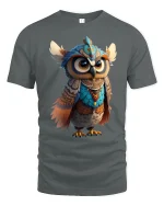 Majestic Tribal Owl Tee with Colorful Fantasy Art Design - gray t-shirt on white background