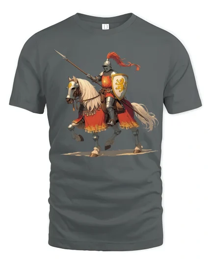 Gallant Knight on Horseback Tee with Bold Medieval Warrior Art - gray t-shirt on white background