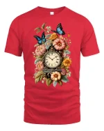 Vintage Floral Clock Butterfly Art Tee with Elegant Style - red t-shirt on white background