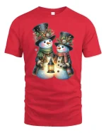 Charming Snowman Couple Tee with Cozy Winter Lantern Artwork - red t-shirt on white background
