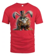Steampunk Bunny Adventurer Tee with Fantasy Gear Artwork - red t-shirt on white background