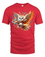 Magical Flying Owl Fantasy Art Tee with Colorful Enchanted Style - red t-shirt on white background