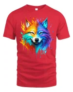Vibrant Rainbow Wolf Tee with Bold Artistic Splash Design - red t-shirt on white background