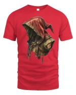 Dark Rogue Hooded Warrior Tee with Epic Fantasy Art Design - red t-shirt on white background