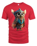 Majestic Tribal Owl Tee with Colorful Fantasy Art Design - red t-shirt on white background