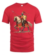 Gallant Knight on Horseback Tee with Bold Medieval Warrior Art - red t-shirt on white background